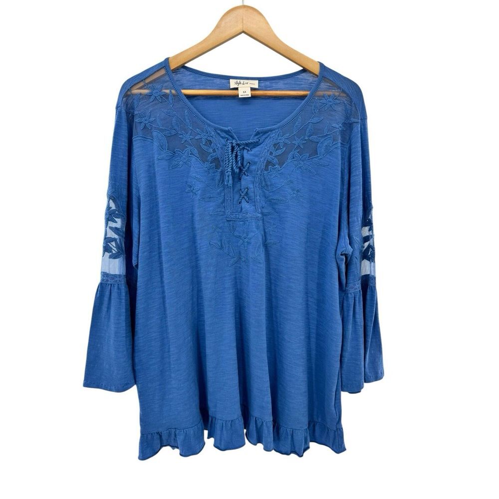 Style & Co 100%‎ Cotton Blue Embroidered Lace Ruffle Relaxed Flowy Blouse 1X
